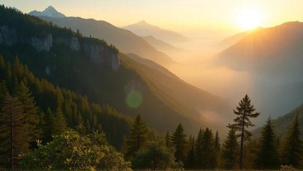 Mountain Ridge Sunrise With Dense Green Trees