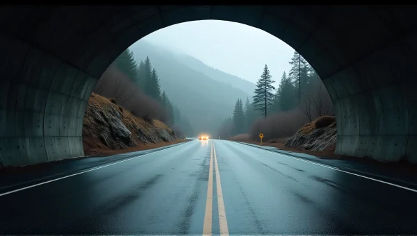 Mountain Road Tunnel with Wet Asphalt Reflections