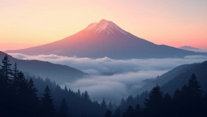 Mountain Sunrise With Misty Valley and Pine Trees