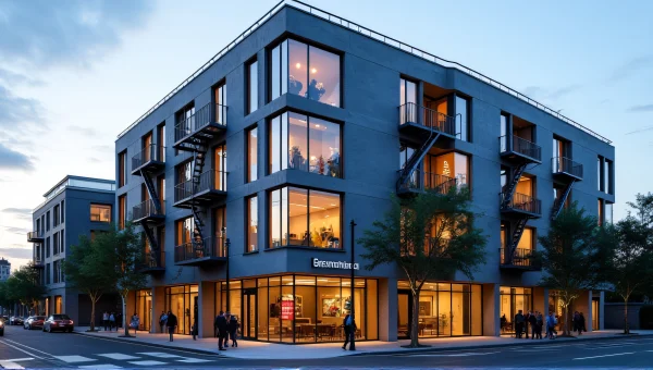 Multi-Storey Building at Dusk with Pedestrians
