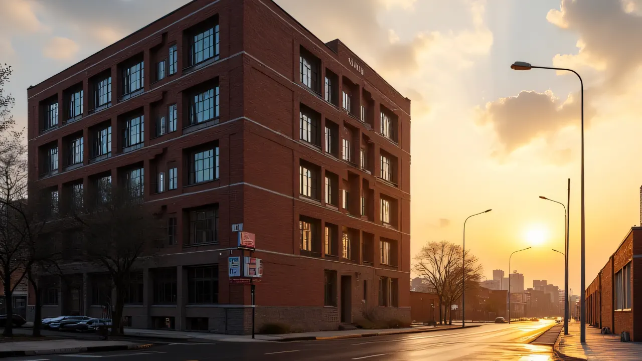 Low-angle view of a brick building at dawn with fog and reflections.