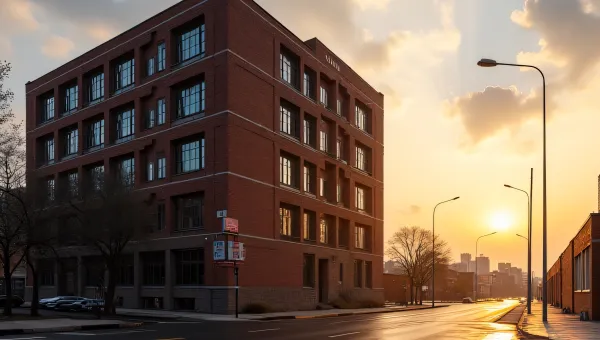 Multi-Story Brick Building At Dawn With Fog