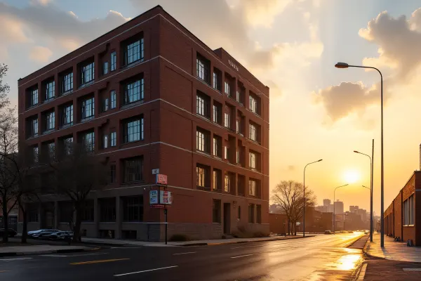 Multi-Story Brick Building At Dawn With Fog