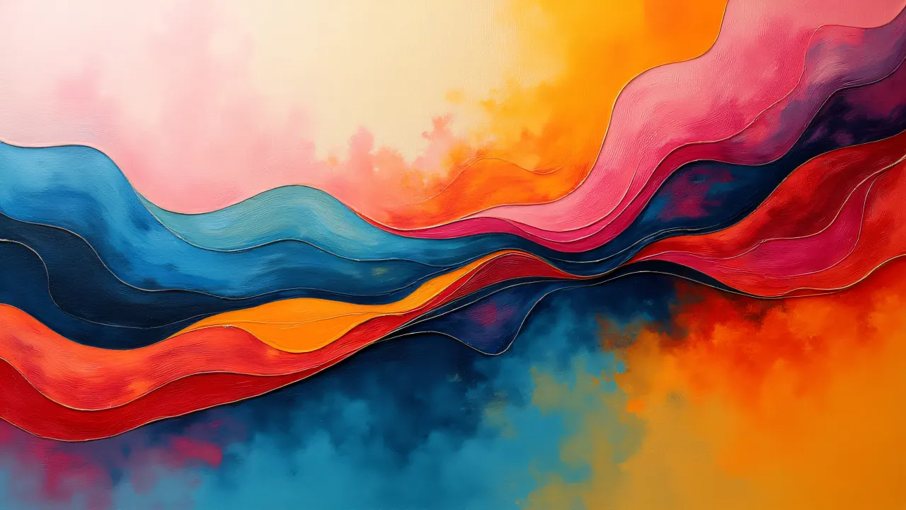 Close-up of a multicolored abstract painting featuring organic shapes and sharp lines.