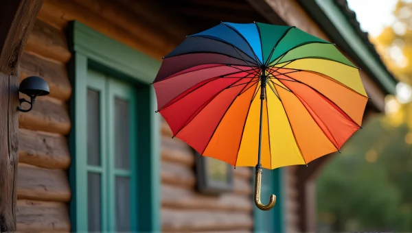 Multicolored Umbrella Decor Near Wooden House