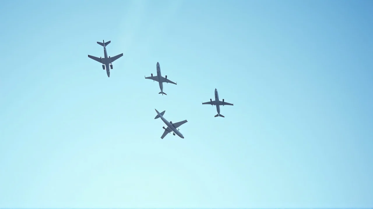 Wide shot of multiple airplanes flying in a clear sky.