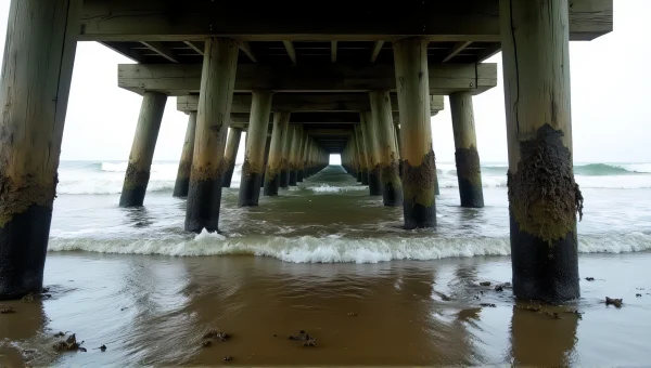 Murky Sea Water Under Wooden Dock With Kelp