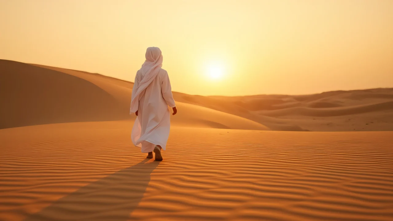 A Muslim boy in a white thobe walks across rippled desert sand at sunset.