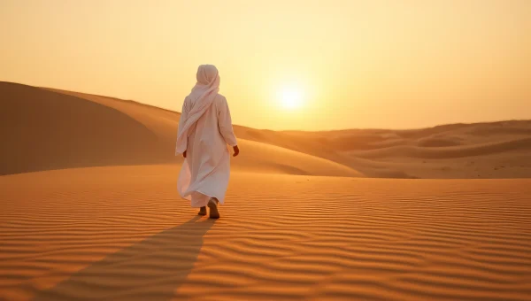 Muslim Boy Walking Alone in Desert Sand