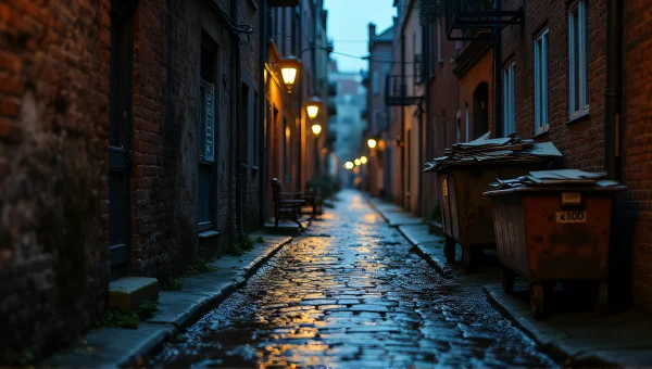 Narrow Alley at Dusk with Wet Cobblestones