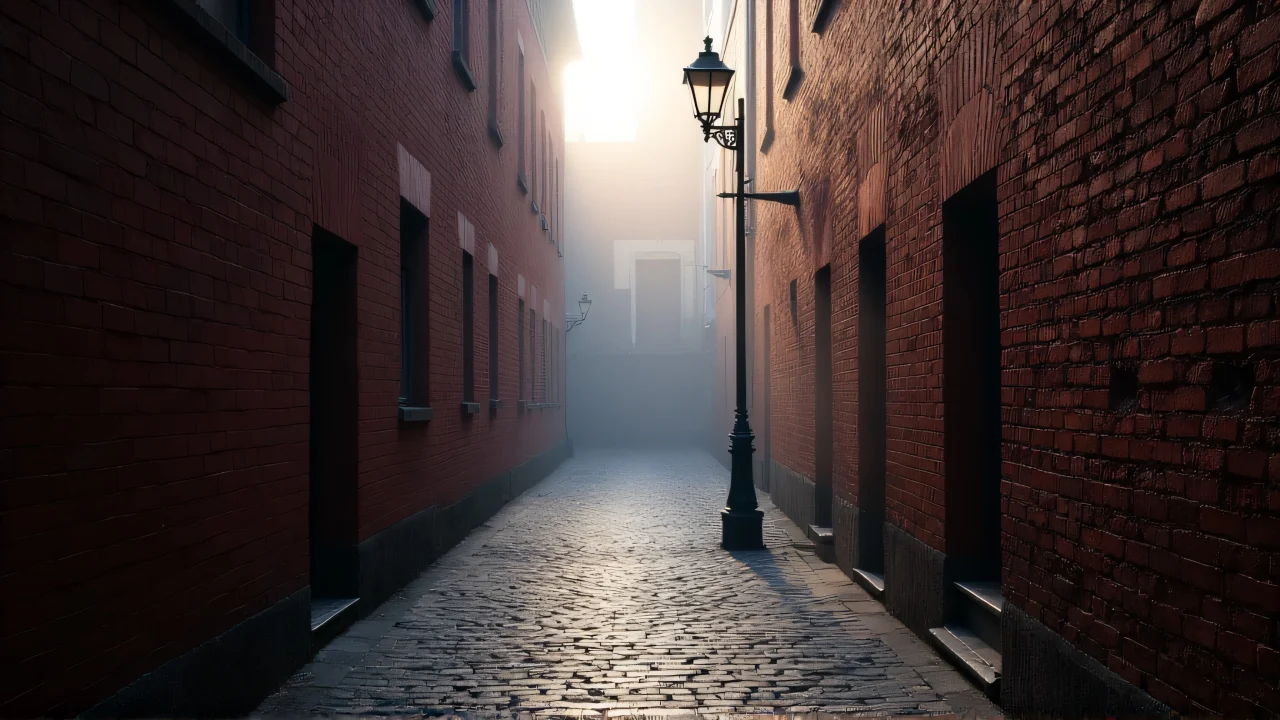 A misty narrow alley with maroon bricks and wet cobblestones under soft evening light.