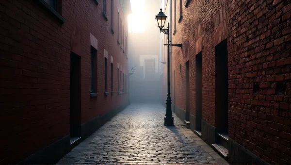 Narrow Alleyway Misty Evening Light Cobblestones