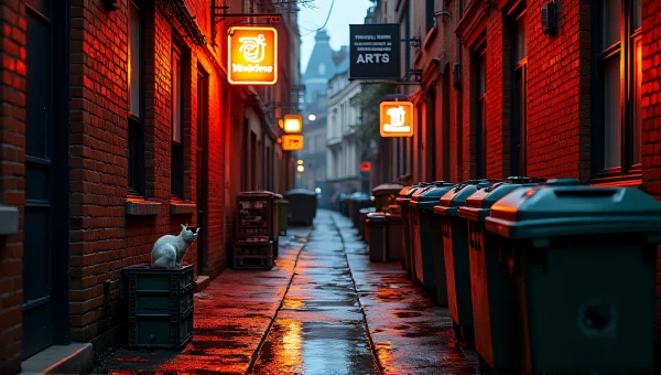 Narrow Brick Alleyway at Dusk with Neon Signs