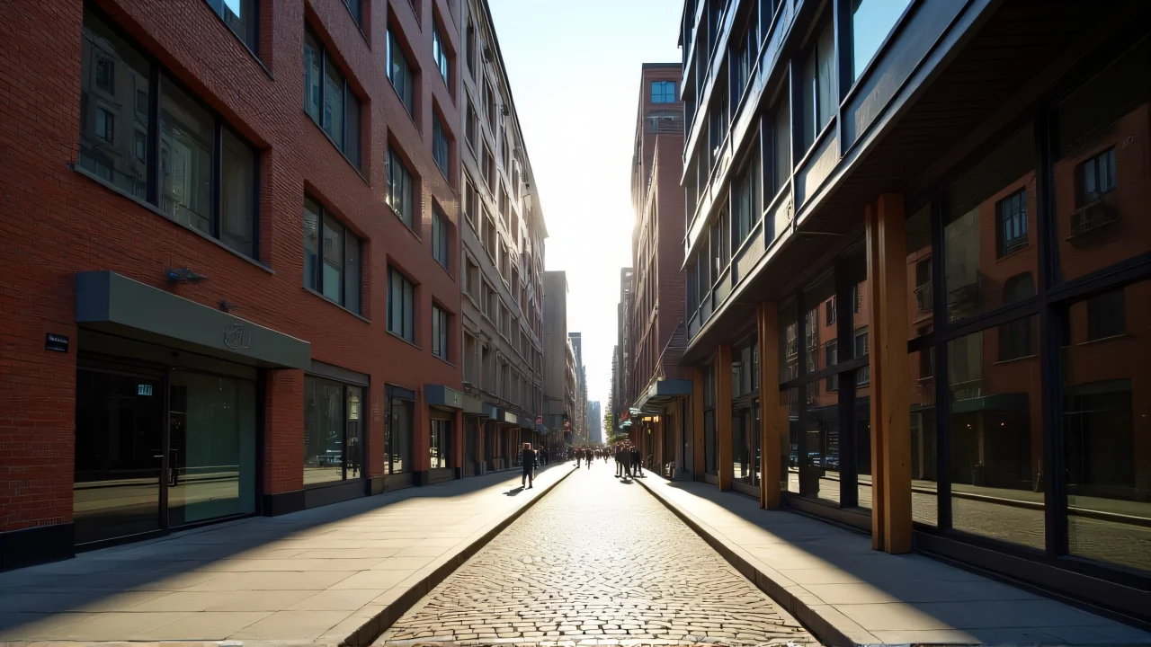 A narrow cobblestone pathway lined by tall brick and glass buildings with pedestrians under midday light.