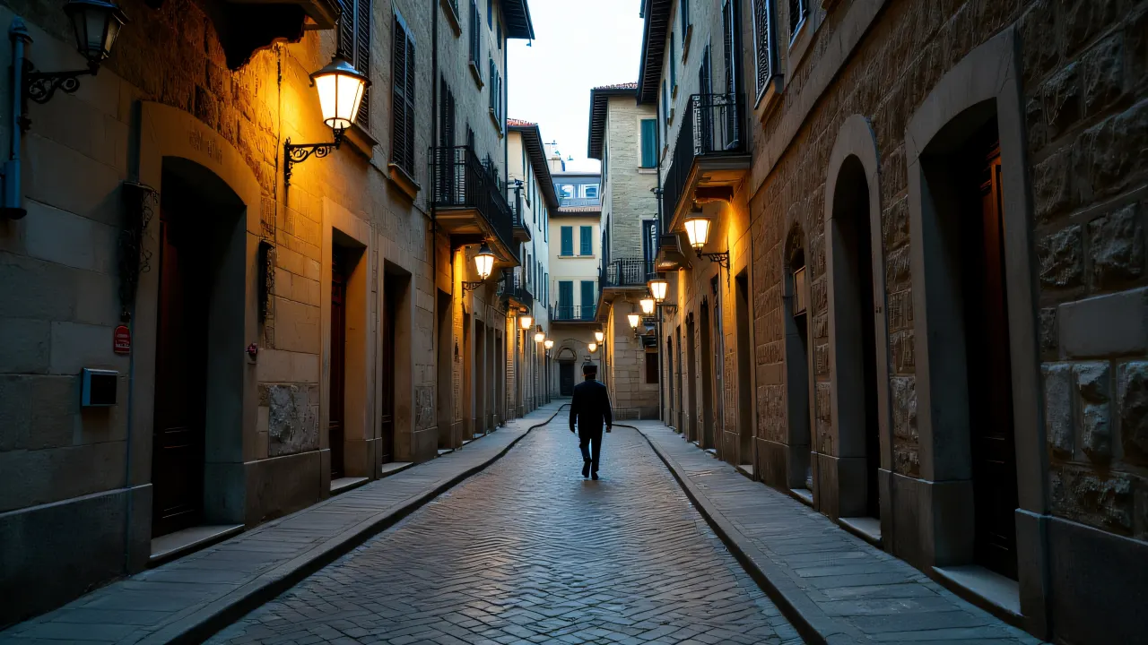 A solitary figure walks down a narrow cobblestone street lined with weathered stone buildings and gas lamps.