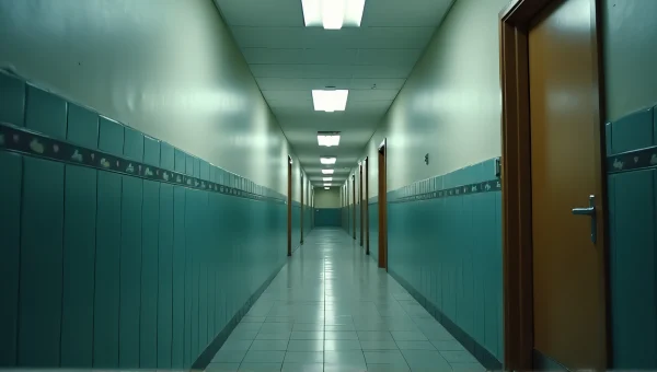 Narrow Hallway With Fluorescent Lights Perspective