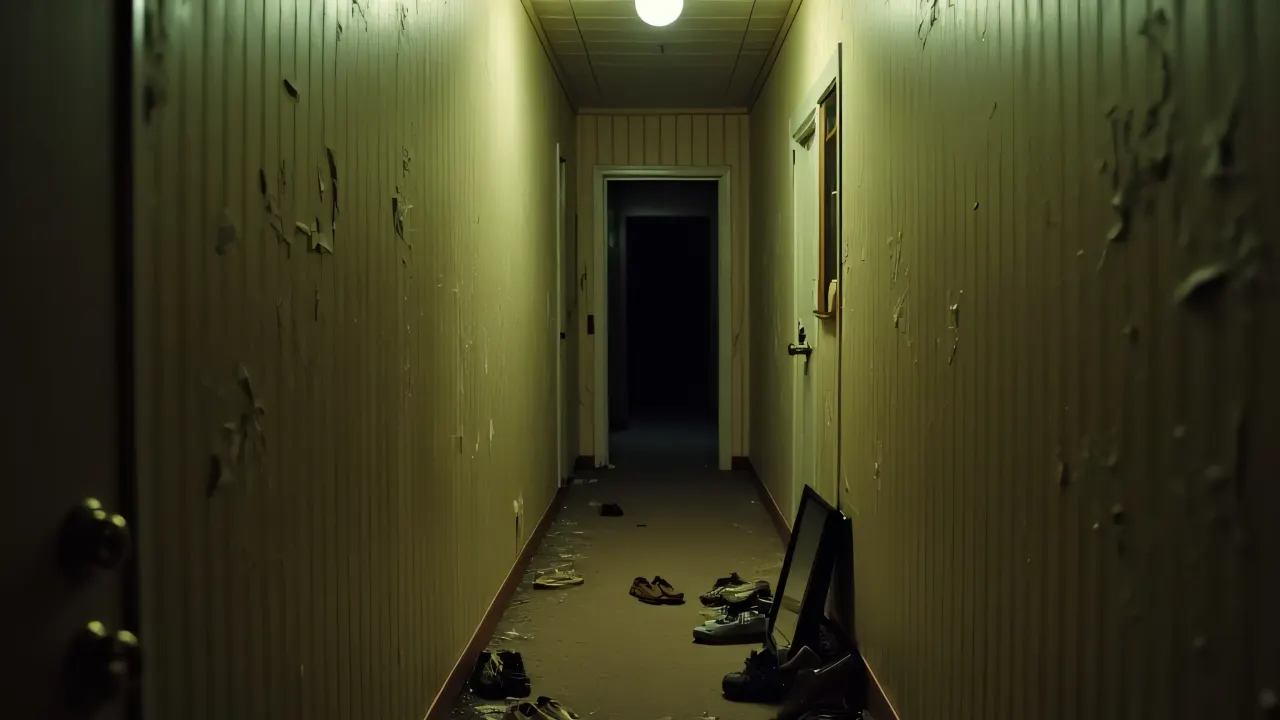 A long, narrow hallway featuring peeling wallpaper and scattered shoes leading to a dark doorway.