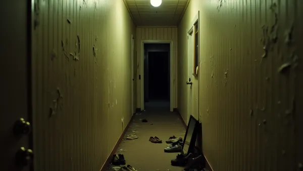 Narrow Hallway With Peeling Wallpaper And Shoes