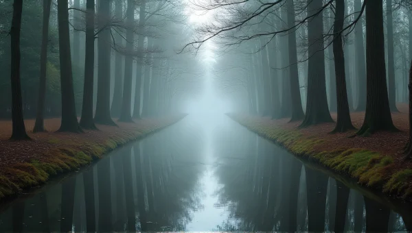 Narrow River Between Deciduous Trees With Mist