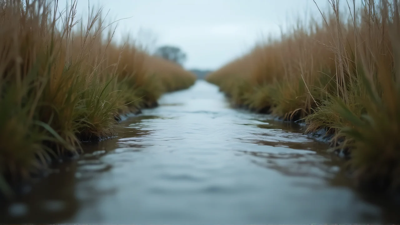 Close-up of a river flowing through tall grasses on a cloudy day.