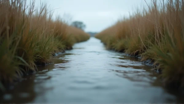 Narrow River Between Grasses Under Gray Sky