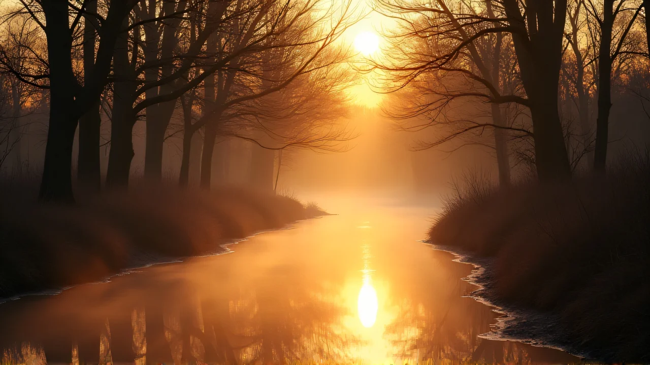 A low-angle view of a winding river with mist rising between leafless trees at golden hour.