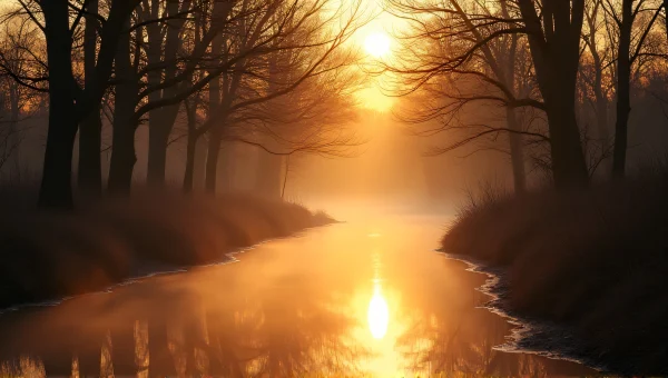 Narrow River Between Leafless Trees At Golden Hour