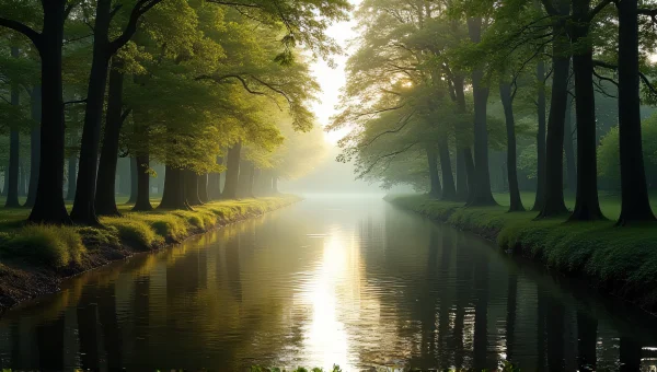 Narrow River Between Tall Trees With Fog