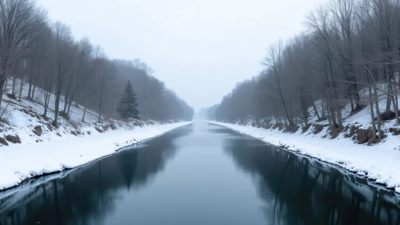 A narrow river flows through a snow-covered valley with leafless trees on the banks under a cloudy sky.