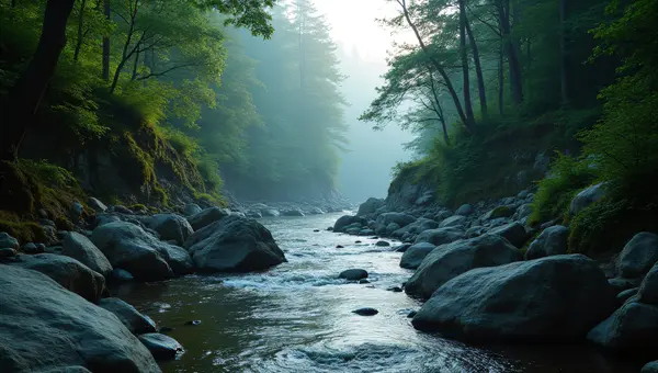 Narrow River Winding Through Jagged Rocks and Trees