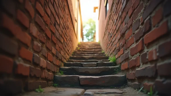 Narrow Stone Stairway Between Weathered Brick Walls