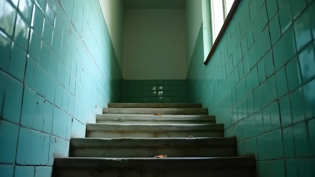 Top-down view of a narrow stairwell with tiled steps and soft light.
