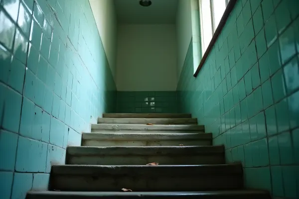 Narrow Tiled Stairwell With Soft Window Light