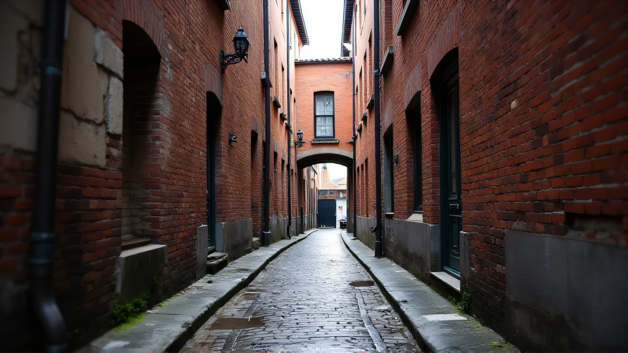 A low-angle view of a narrow walkway between aged brick buildings with wet cobblestones reflecting light.
