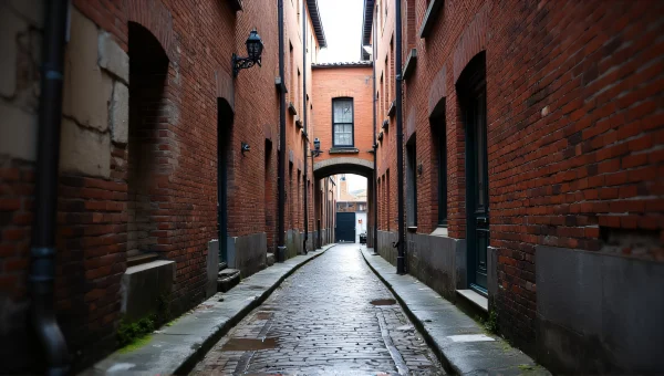 Narrow Walkway Between Weathered Brick Buildings