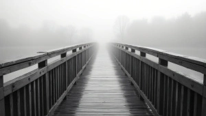 Narrow Wooden Bridge Foggy Nature Scene
