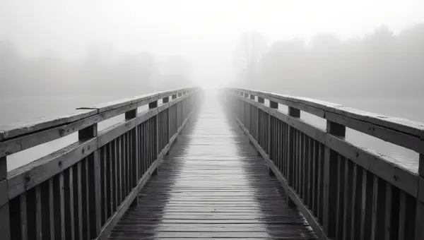 Narrow Wooden Bridge Foggy Nature Scene
