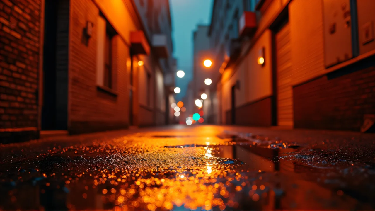 Low-angle view of a city alley with neon lights reflecting on wet pavement.