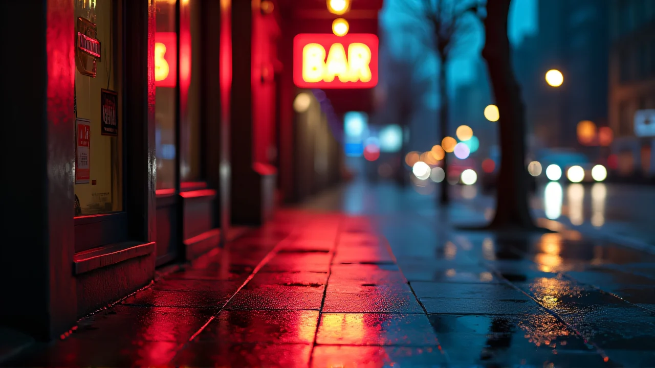 A glowing neon bar sign illuminates a wet sidewalk at night, creating reflections in puddles and blurred city lights.