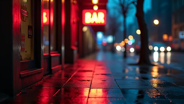 Neon Bar Sign Over Rainy Sidewalk at Night
