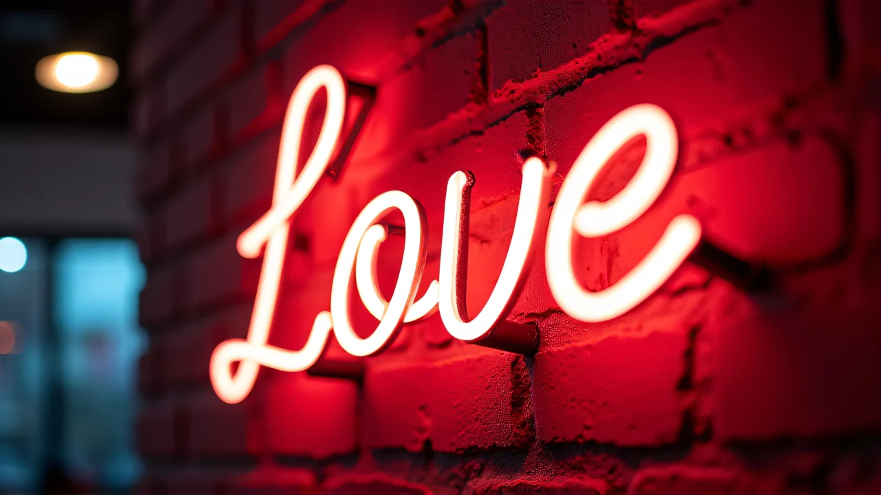 Close-up of a neon 'Love' sign on a brick wall.