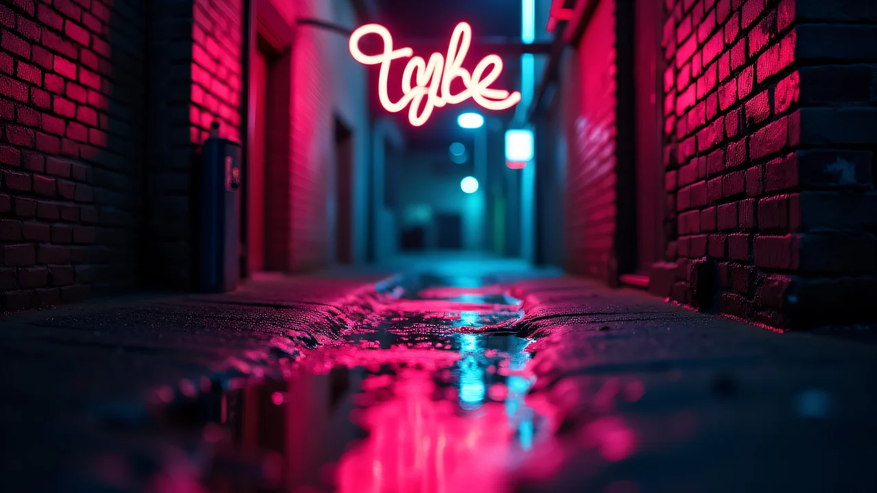 Close-up of neon signage flickering above a wet alley, with reflections on puddles.
