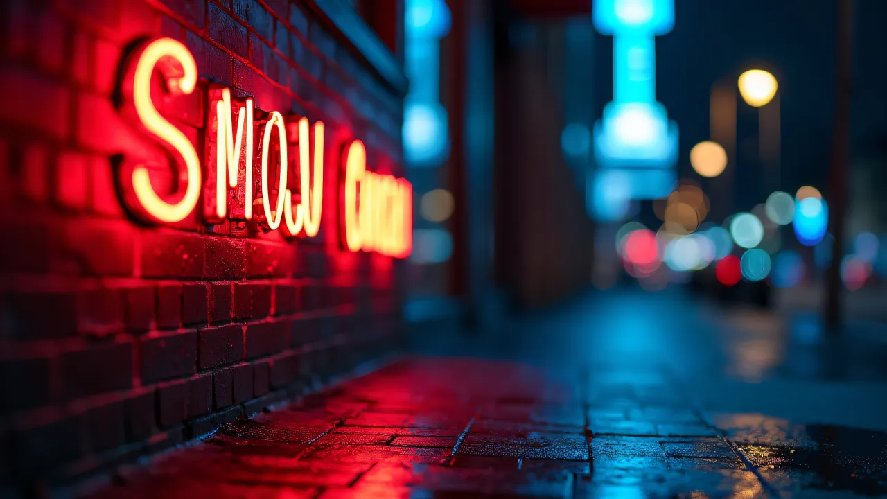 Close-up of red and blue neon signs reflecting on wet pavement at night.