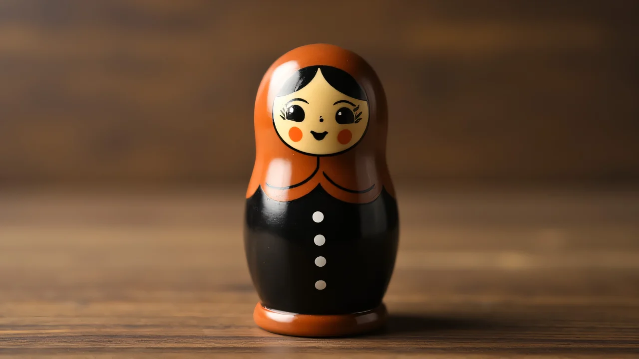 Close-up of a brown-and-black nesting doll on a wooden table.