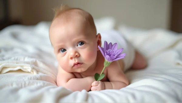 Newborn Baby Holding Purple Flower On Blanket