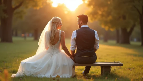 Newlywed Couple Holding Hands in Park