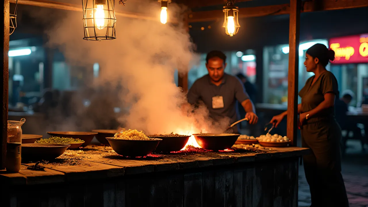 A vendor at a night market stirs embers at a burnt food stall with scattered ingredients.