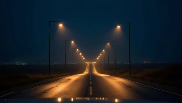 Night Road with Streetlights and City Skyline