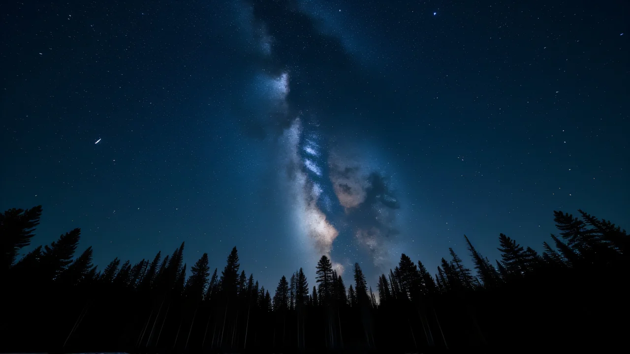 A wide-angle view of a starry night sky over a pine forest.