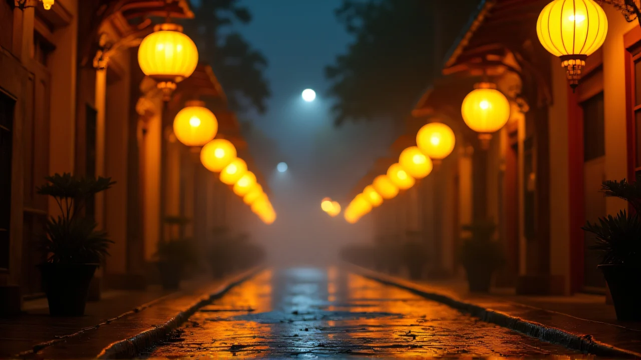 A night street illuminated by yellow lanterns reflecting on wet cobblestones.